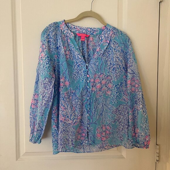 Lilly Pulitzer Coleman Top Now You Sea Me Blue Ibiza Button Up Size Small - Picture 2 of 5